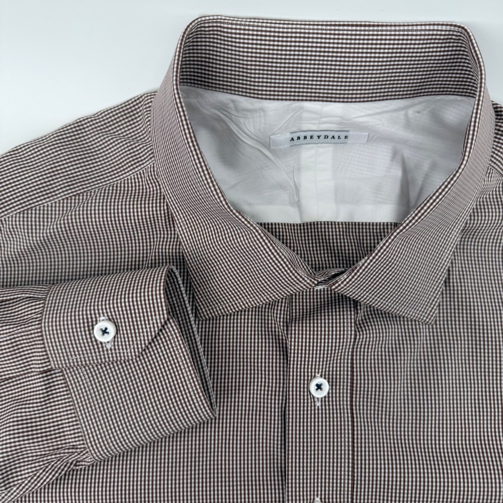Abbeydale Mens Dress Shirt Brown White Gingham Check Button Down Collar‎ CUSTOM